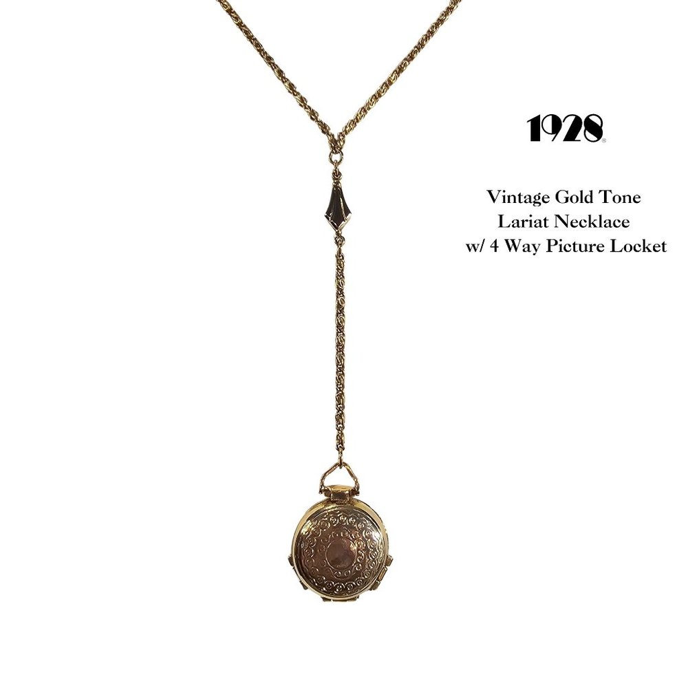 1928 Vintage Gold Tone 4 Way Round Photo Locket Lariat Y-Drop 24" Necklace